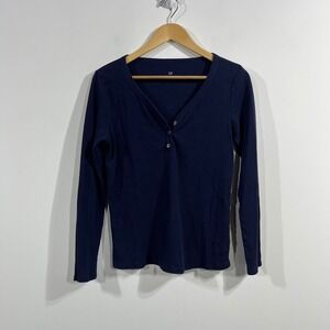 Gap Womens Blue Waffle Knit Long Sleeve Henley Top Womens Medium Thermal Lounge